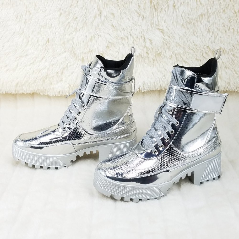 Silver Lug Sole Combat Ankle boots Lynn Size 5.5 US - Picture 9 of 11